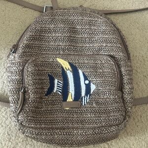 Vera Bradley Brown Straw Mini Backpack with Fish Design